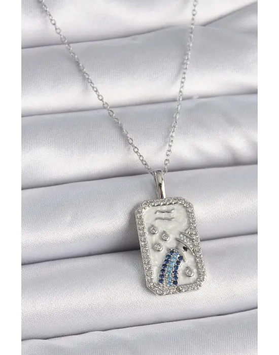  Gümüş  Zincir Kova Burcu Zirkon Taşlı  Çelik Kolye