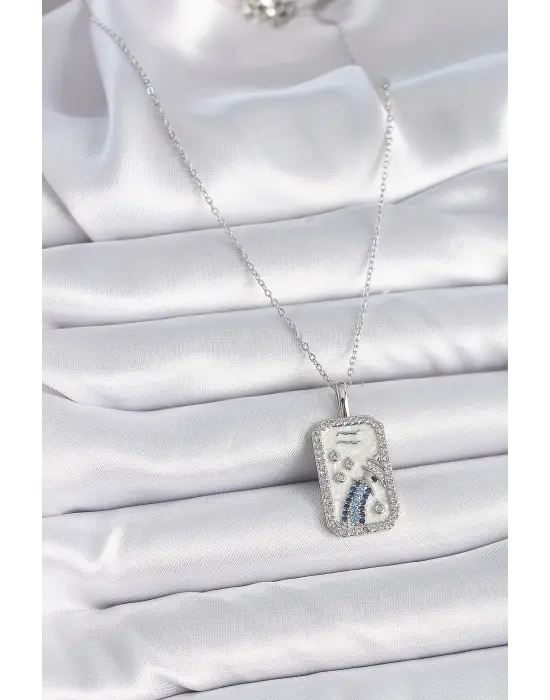  Gümüş  Zincir Kova Burcu Zirkon Taşlı  Çelik Kolye