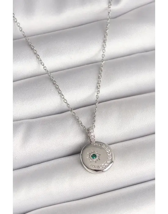 316L Çelik Gümüş Renk Zincir Madalyon Zirkon Taşlı İşlemeli Hilal Yıldız Model Kadın Kolye