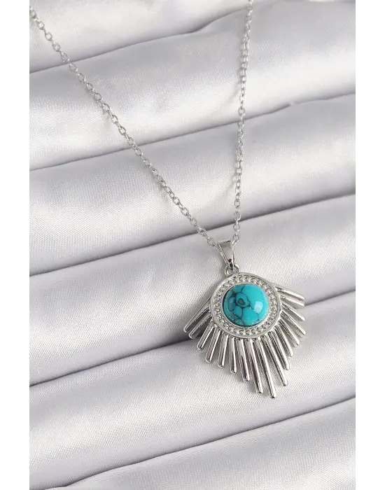  Gümüş  Zincir Mavi Boncuklu Zirkon Taşlı  Çelik Kolye