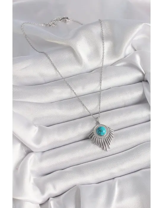  Gümüş  Zincir Mavi Boncuklu Zirkon Taşlı  Çelik Kolye