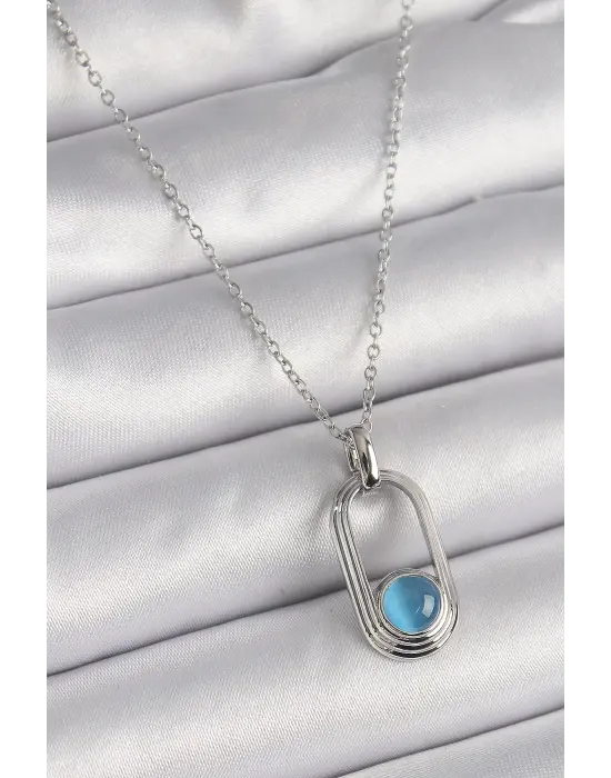  Gümüş  Zincir Mavi Kedi Göz Model  Çelik Kolye