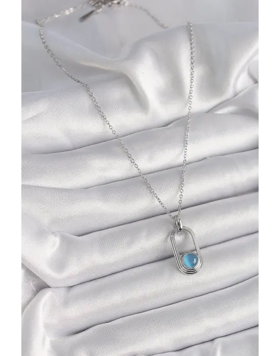  Gümüş  Zincir Mavi Kedi Göz Model  Çelik Kolye