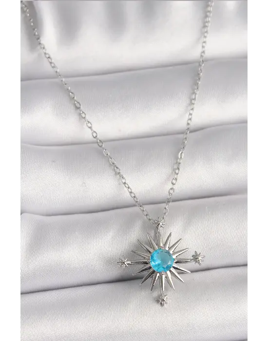  Gümüş  Zincir Mavi Taş Detaylı Kuzey Yıldızı Model  Çelik Kolye