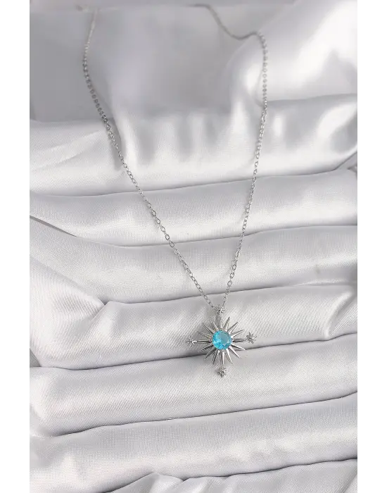  Gümüş  Zincir Mavi Taş Detaylı Kuzey Yıldızı Model  Çelik Kolye