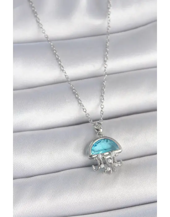 316L Çelik Gümüş Renk Zincir Mavi Taşlı Deniz Anası Model İnci Detay Kadın Kolye