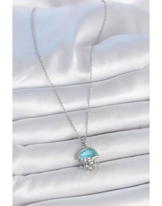316L Çelik Gümüş Renk Zincir Mavi Taşlı Deniz Anası Model İnci Detay Kadın Kolye