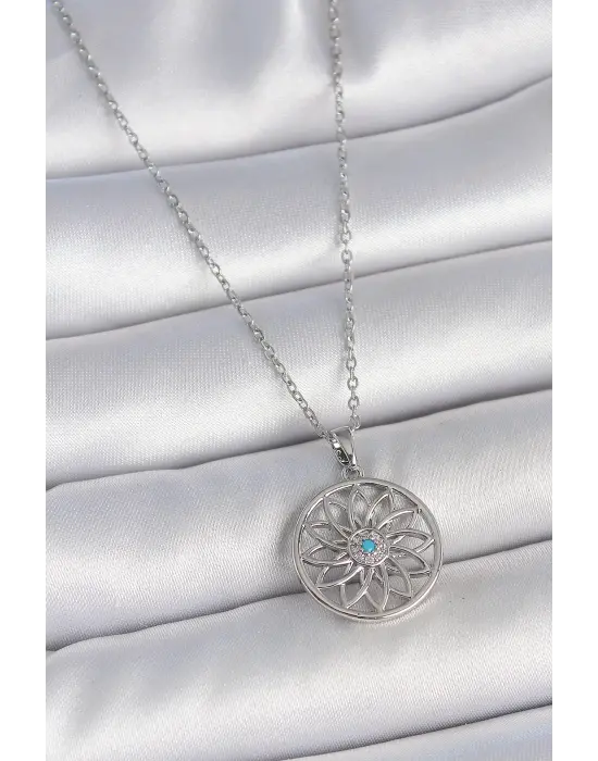 316L Çelik Gümüş Renk Zincir Mavi Taşlı Lotus Model Kadın Kolye