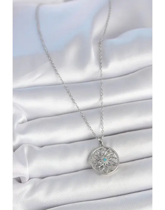 316L Çelik Gümüş Renk Zincir Mavi Taşlı Lotus Model Kadın Kolye