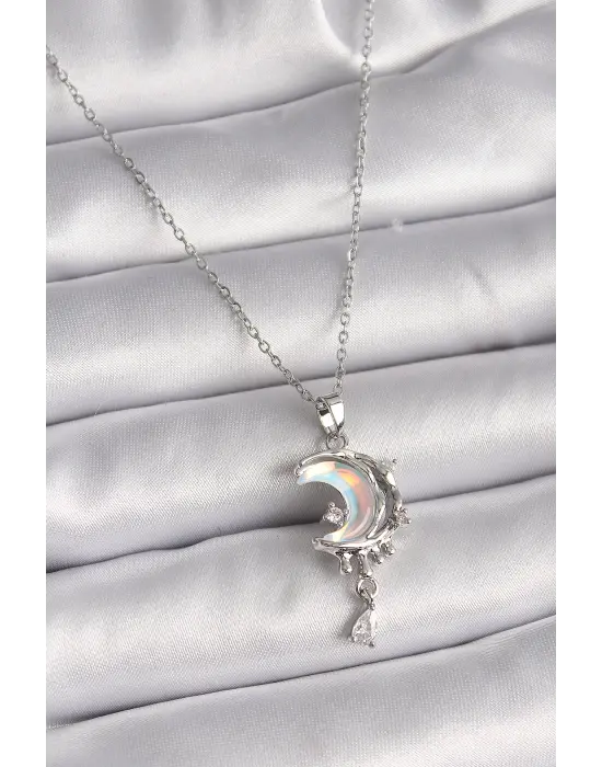  Gümüş  Zincir Mineli Hilal Model Sallantı Damla Detay  Çelik Kolye