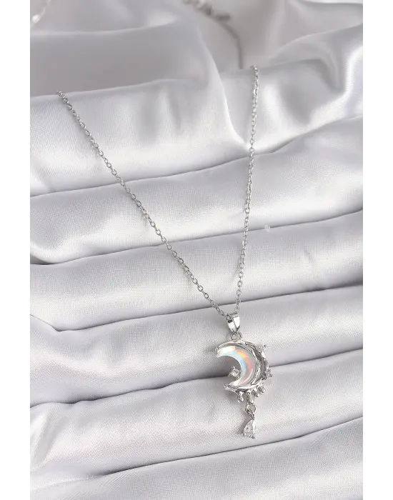  Gümüş  Zincir Mineli Hilal Model Sallantı Damla Detay  Çelik Kolye