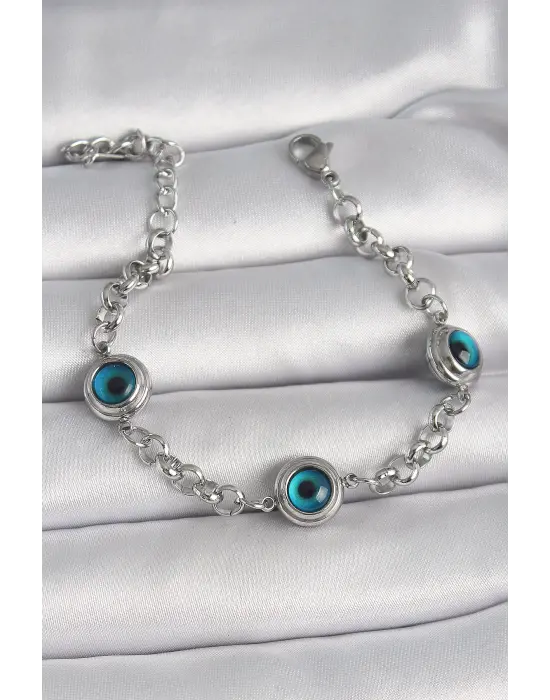 316L Çelik Gümüş Renk Zincir Model Nazar Boncuklu Kadın Bileklik