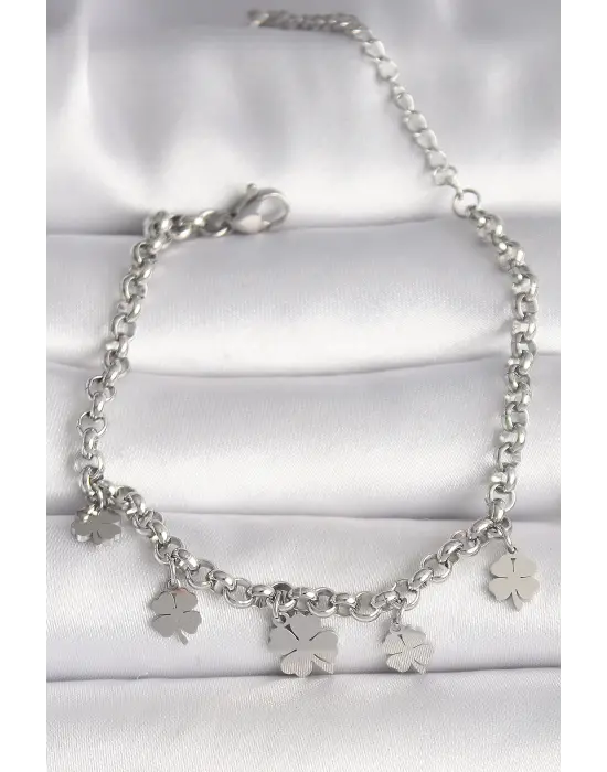 316L Çelik Gümüş Renk Zincir Model Yonca Figür Kadın Bileklik