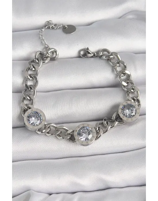 316L Çelik Gümüş Renk Zincir Model Zirkon Taşlı İşleme Detaylı Kadın Bileklik