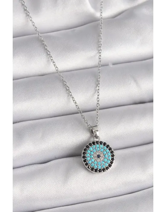  Gümüş  Zincir Nazar Boncuk Madalyon Model  Çelik Kolye