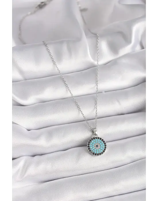  Gümüş  Zincir Nazar Boncuk Madalyon Model  Çelik Kolye