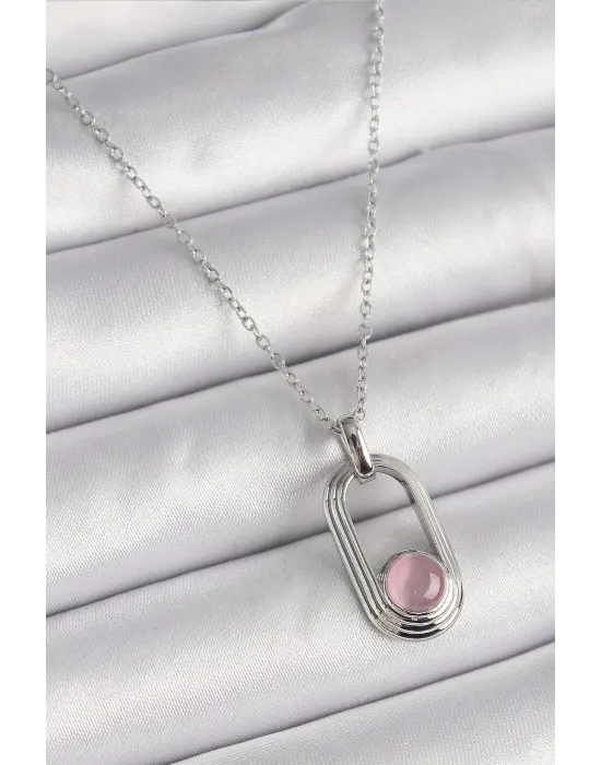  Gümüş  Zincir Pembe Kedi Göz Model  Çelik Kolye