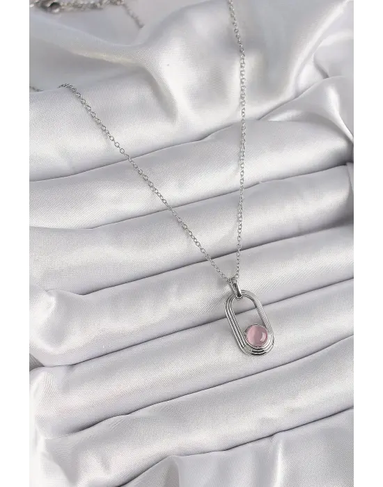  Gümüş  Zincir Pembe Kedi Göz Model  Çelik Kolye