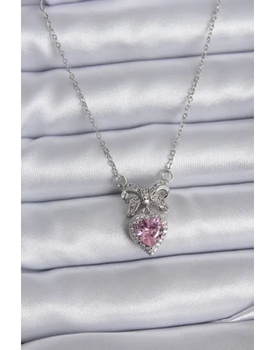  Gümüş  Zincir Pembe Kristal Kalp Zirkon Taşlı Kurdele Model  Çelik Kolye