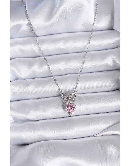  Gümüş  Zincir Pembe Kristal Kalp Zirkon Taşlı Kurdele Model  Çelik Kolye
