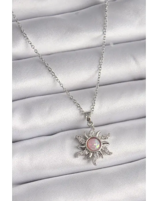  Gümüş  Zincir Pembe Mineli Zirkon Taşlı Güneş Model  Çelik Kolye