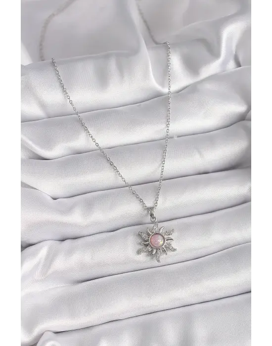  Gümüş  Zincir Pembe Mineli Zirkon Taşlı Güneş Model  Çelik Kolye