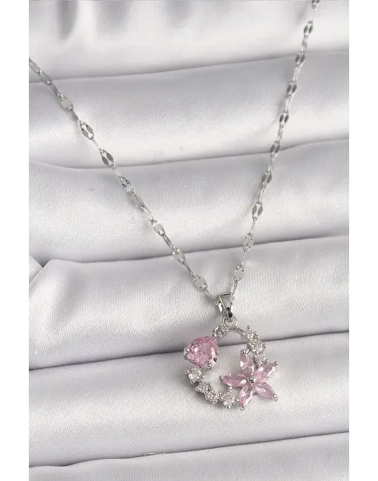  Gümüş  Zincir Pembe Zirkon Taşlı Çiçek Figür Kalp Detay  Çelik Kolye