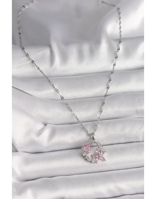  Gümüş  Zincir Pembe Zirkon Taşlı Çiçek Figür Kalp Detay  Çelik Kolye