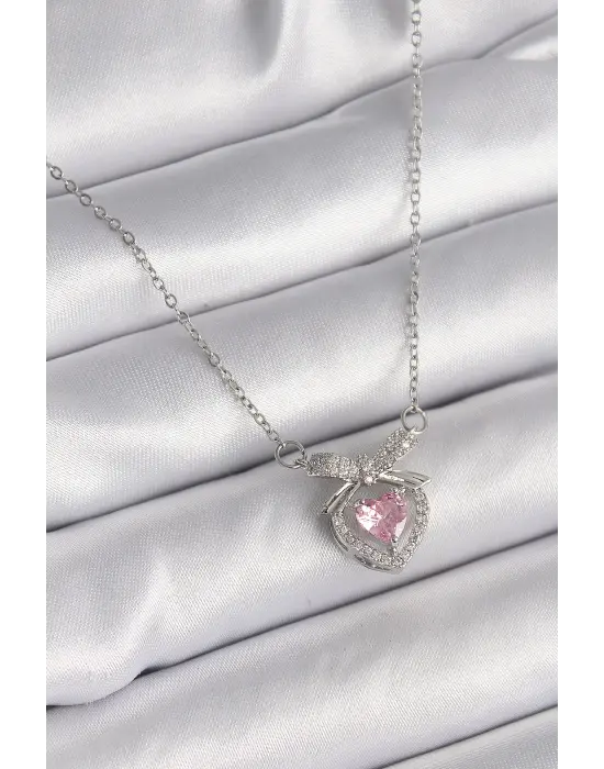  Gümüş  Zincir Pembe Zirkon Taşlı Kalp Figür  Çelik Kolye