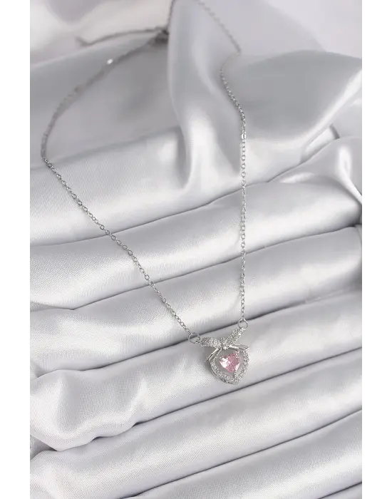  Gümüş  Zincir Pembe Zirkon Taşlı Kalp Figür  Çelik Kolye