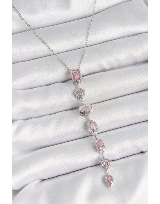 316L Çelik Gümüş Renk Zincir Pembe Zirkon Taşlı Y Model Dekolte Kadın Kolye