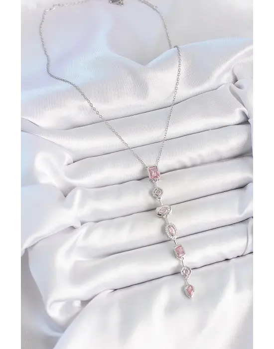 316L Çelik Gümüş Renk Zincir Pembe Zirkon Taşlı Y Model Dekolte Kadın Kolye