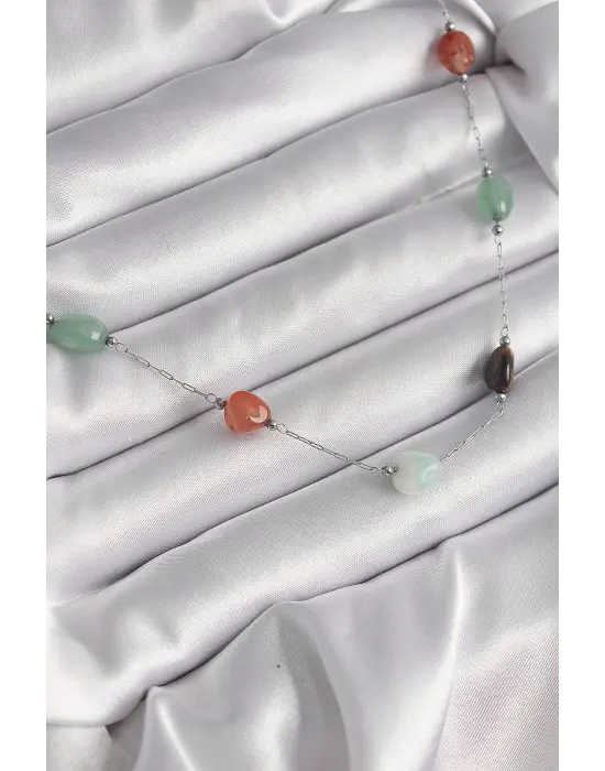  Gümüş  Zincir li Doğaltaş Model  Çelik Kolye