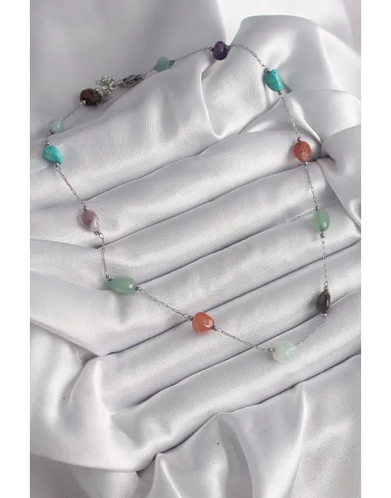  Gümüş  Zincir li Doğaltaş Model  Çelik Kolye