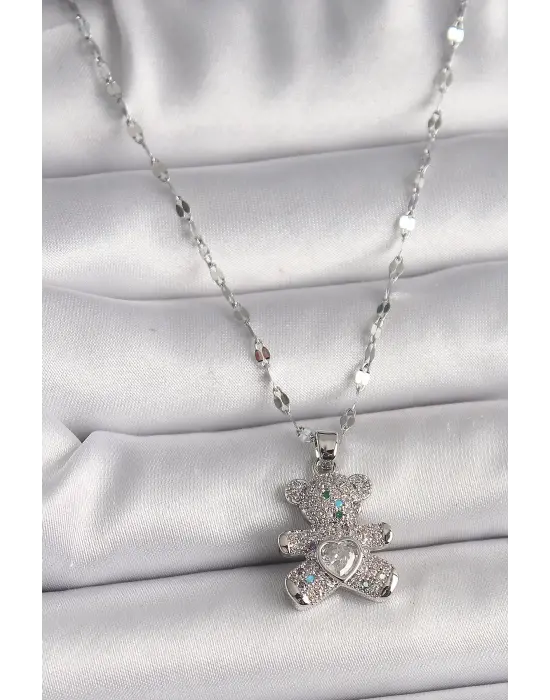 Gümüş  Zincir li Zirkon Taşlı Ayıcık Figür Taşlı Kalp Detay  Çelik Kolye