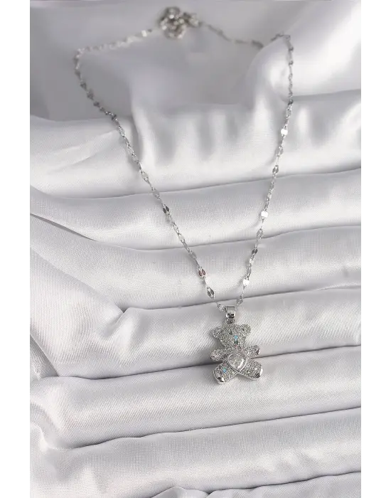  Gümüş  Zincir li Zirkon Taşlı Ayıcık Figür Taşlı Kalp Detay  Çelik Kolye