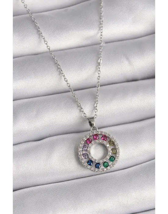  Gümüş  Zincir li Zirkon Taşlı Madalyon Model  Çelik Kolye