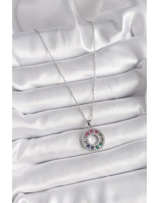  Gümüş  Zincir li Zirkon Taşlı Madalyon Model  Çelik Kolye