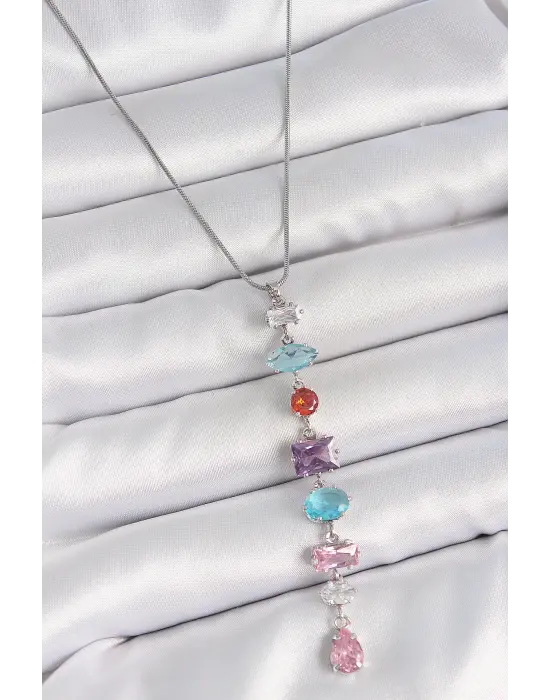 316L Çelik Gümüş Renk Zincir Renkli Zirkon Taşlı Y Model Dekolte Kadın Kolye