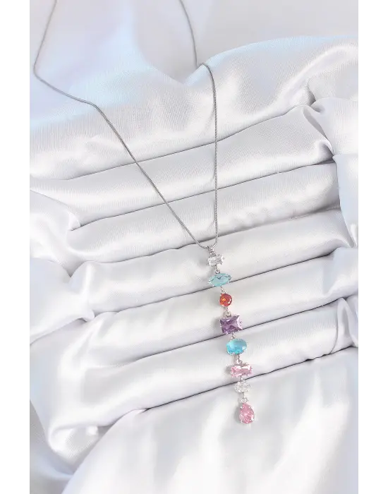 316L Çelik Gümüş Renk Zincir Renkli Zirkon Taşlı Y Model Dekolte Kadın Kolye