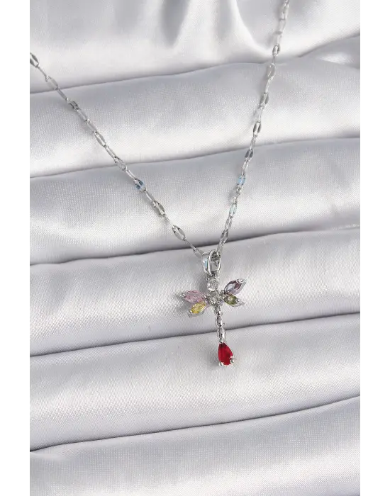  Gümüş  Zincir li Zirkon Taşlı Yusufçuk Model  Çelik Kolye