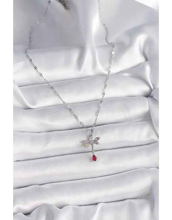  Gümüş  Zincir li Zirkon Taşlı Yusufçuk Model  Çelik Kolye