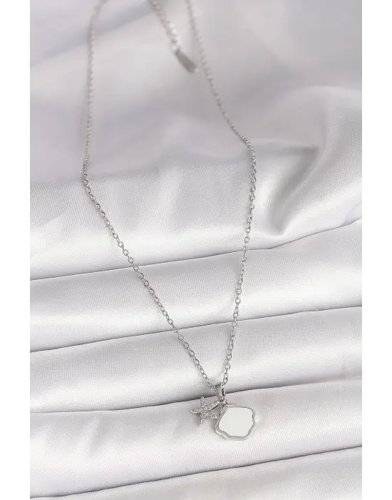 316L Çelik Gümüş Renk Zincir Sallantı Beyaz Mineli Deniz Kabuğu Zirkon Taşlı Deniz Yıldızı Figür Kadın Kolye