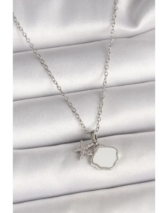 316L Çelik Gümüş Renk Zincir Sallantı Beyaz Mineli Deniz Kabuğu Zirkon Taşlı Deniz Yıldızı Figür Kadın Kolye