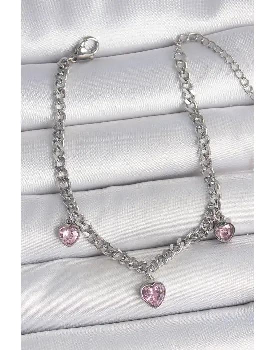 316L Çelik Gümüş Renk Zincir Sallantı Pembe Zirkon Taşlı Kalp Model Kadın Bileklik