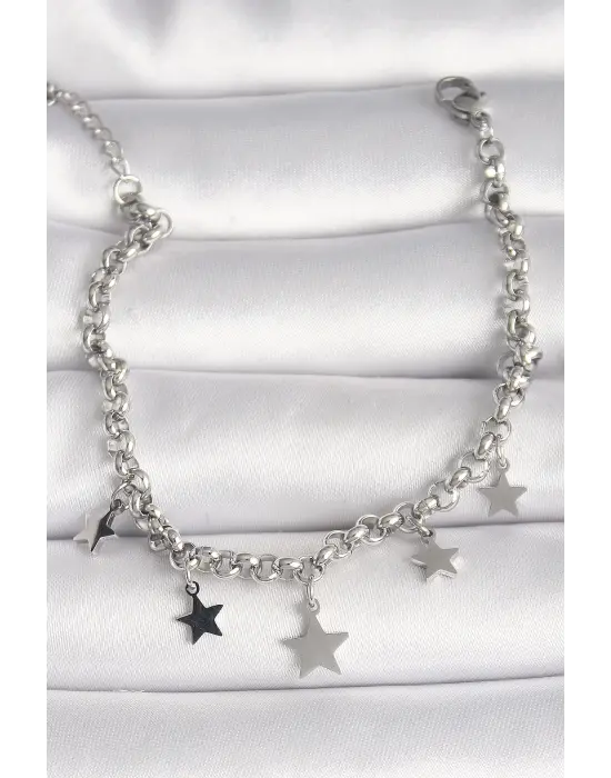 316L Çelik Gümüş Renk Zincir Sallantı Yıldız Figür Kadın Bileklik