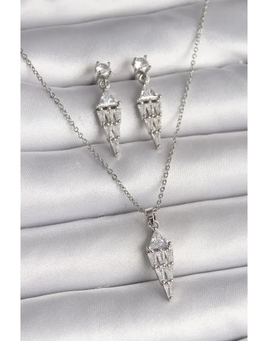 316L Çelik Gümüş Renk Zincir Sallantı Zirkon Taş Model Kadın Kolye Küpe Seti