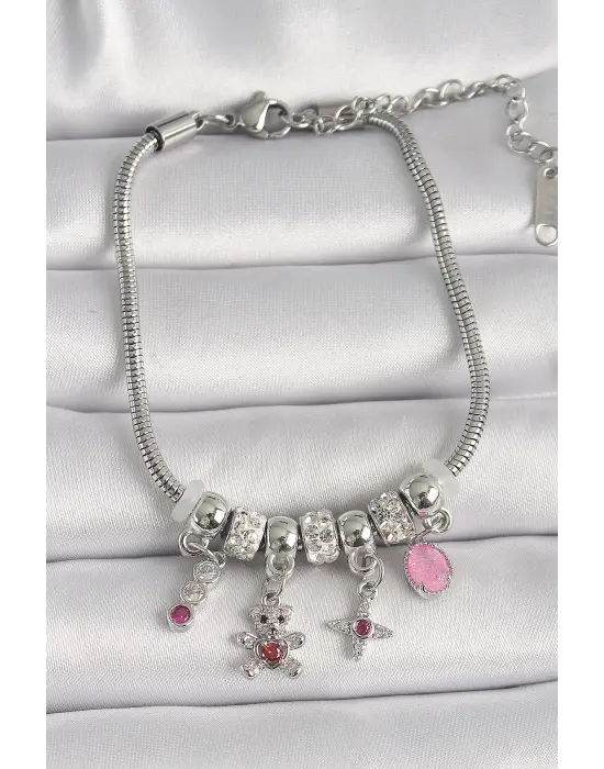 316L Çelik Gümüş Renk Zincir Sallantı Zirkon Taşlı Ayıcık Figür Yıldız Detay Kadın Bileklik