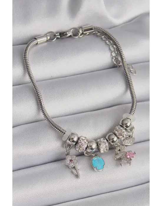 316L Çelik Gümüş Renk Zincir Sallantı Zirkon Taşlı Ayıcık Model Charm Bileklik