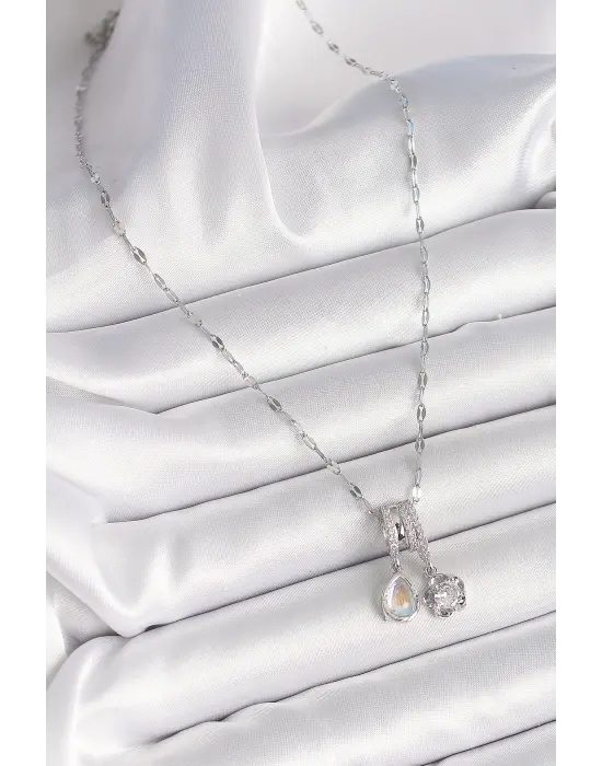 316L Çelik Gümüş Renk Zincir Sallantı Zirkon Taşlı Çiçek Figür Mavi Sedefli Damla Detay Kadın Kolye